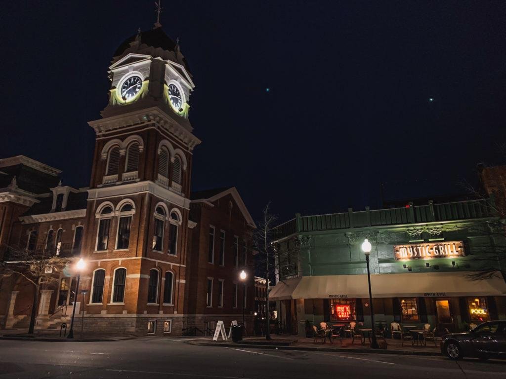 the clock tower and mystic grill of Mystic Falls