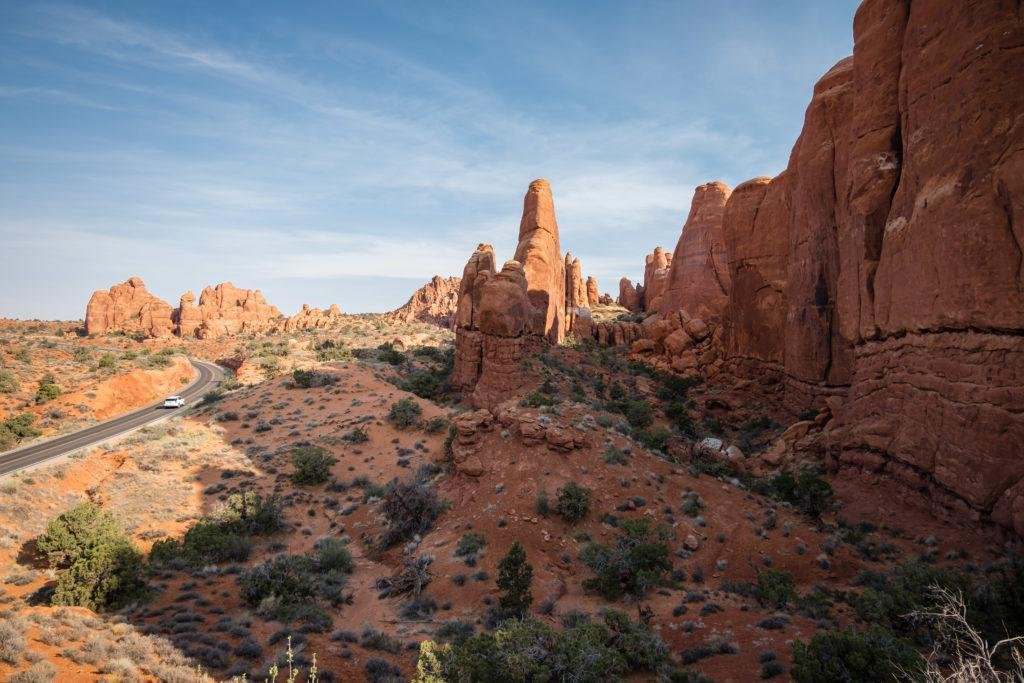 sandstone fins and park road in arches national park