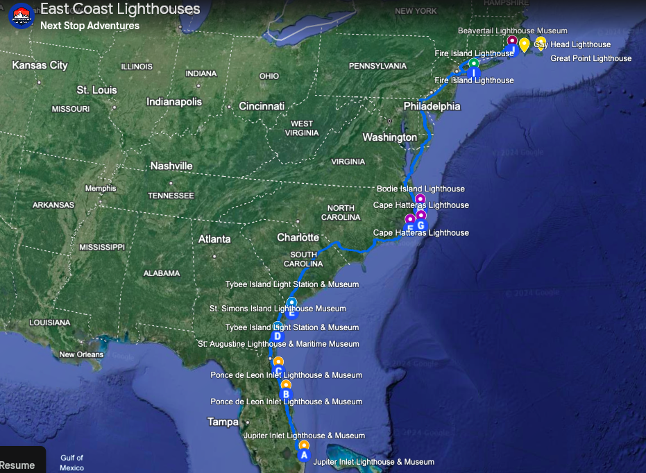 map of lighthouses on the east coast