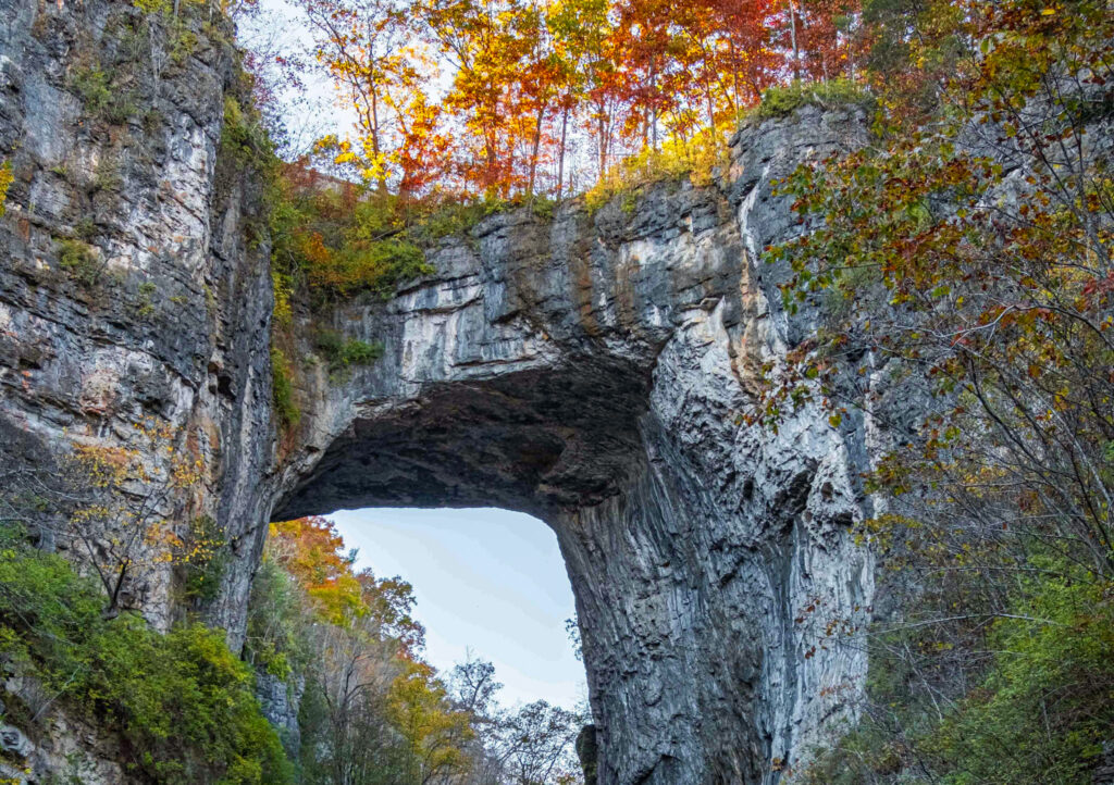 the bridge arch surrounded by fall foliage