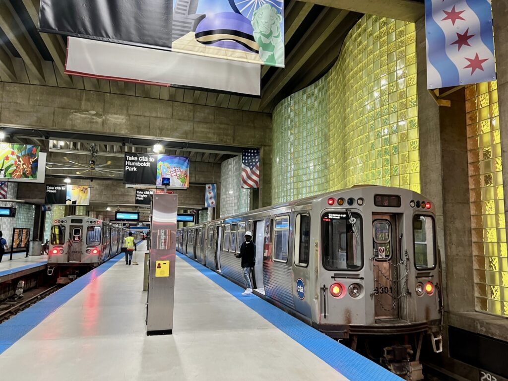 Blue line trains at O'Hare International Airport Train Station