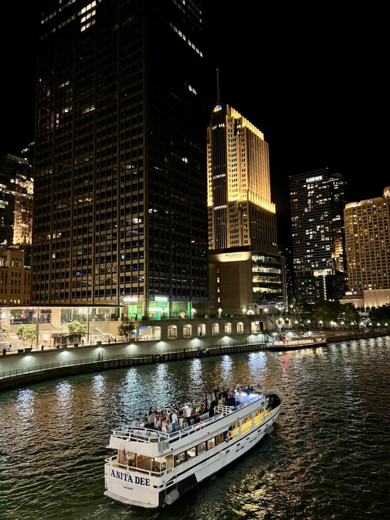 A view of Chicago's river and skyline at night