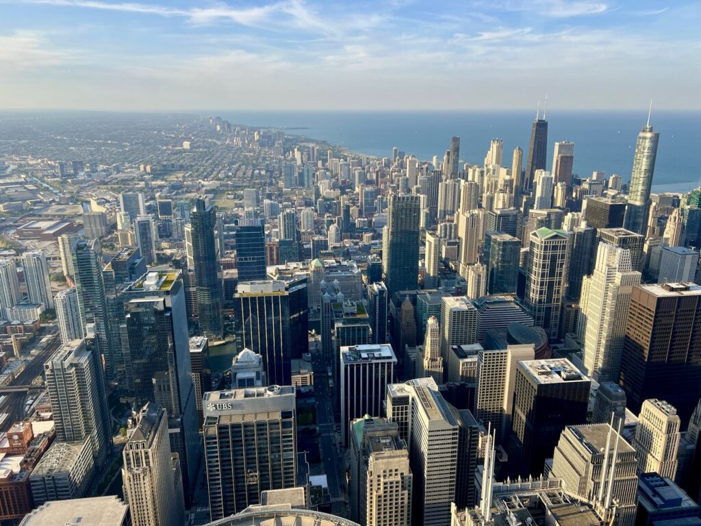 A bird's eye view of Downtown Chicago from the 103rd floor Skydeck at Willis Tower