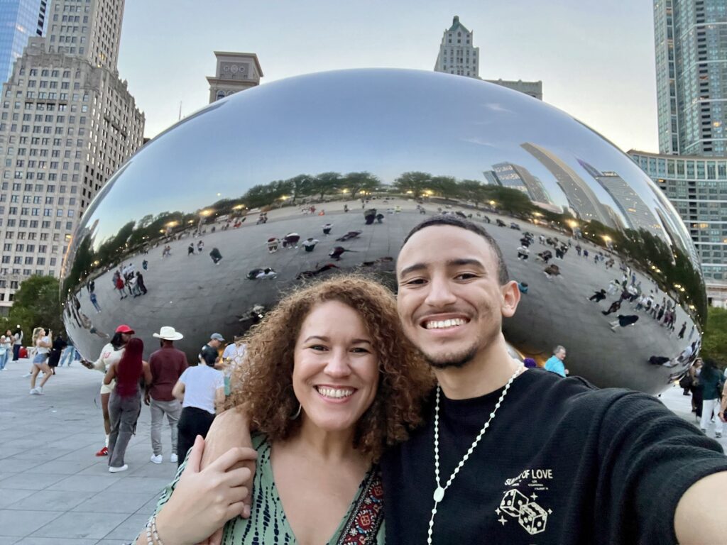 My and son I taking a selfie at Cloud Gate during the day