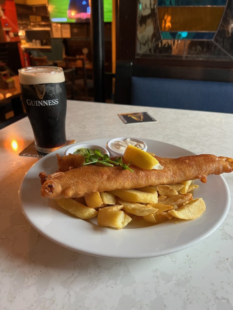 Fish and Chips with a pint of Guinness from The Wee Bar in Letterkenny