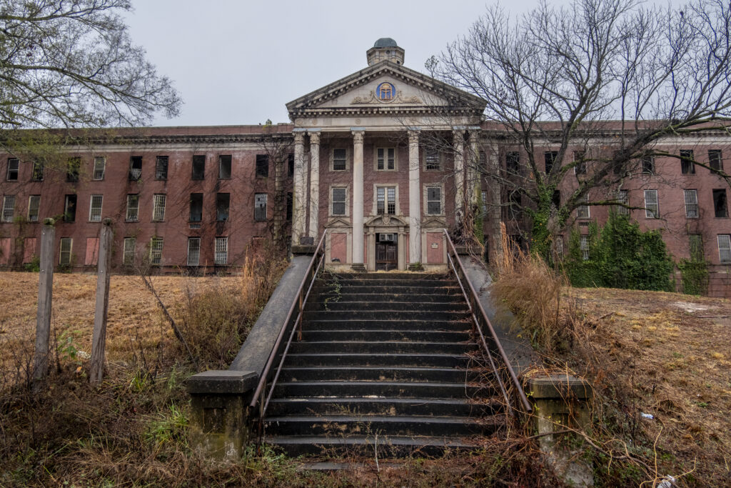 View of the Jones Building at Central State Hospital from the exterior stairs, the 1931 medical-surgical center that later appeared as the Fleur de Lis Sanatorium in The Originals TV show.